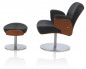 Preview: artiso-Lounge-Sessel, Seitenansicht, Holzschale, Lederpolster, drehbar, Edelstahl Säule und Edelstahlteller