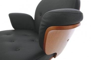 artiso-Lounge-Sessel, Details, Holzschale, Lederpolster, drehbar, Edelstahl Säule und Edelstahlteller